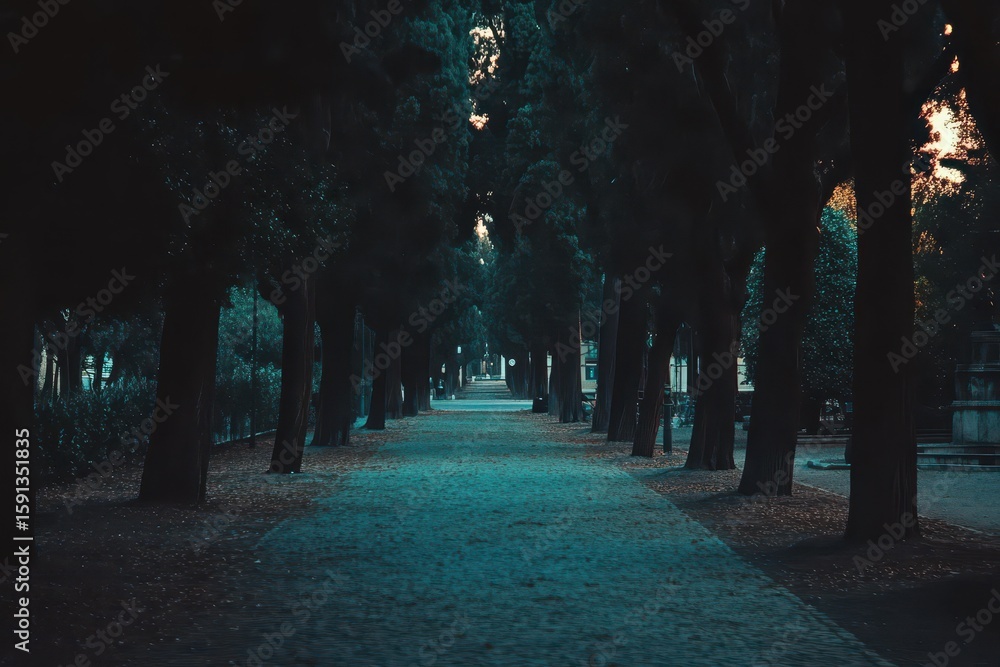 Poster a pathway lined with trees in a park at twilight.