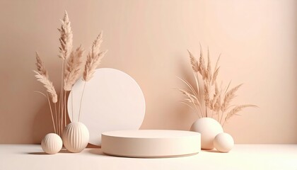 Fototapeta premium Elegant minimalist display with neutral tones indoor studio product photography soft lighting contemporary design