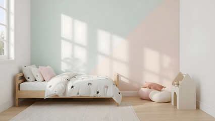 A bright and airy bedroom with a minimalist design, featuring a bed.