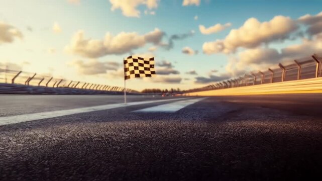 Checkered Flag Marks Finish Line on Cloudy Race Track Evening