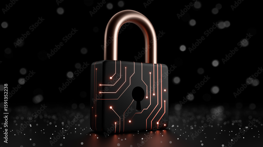 Poster cyber security concept with glowing lines on padlock , digital data protection