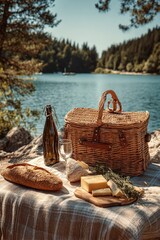 Picnic Basket Set Up by Lake with Bread Cheese and Wine in Natural Outdoor Setting