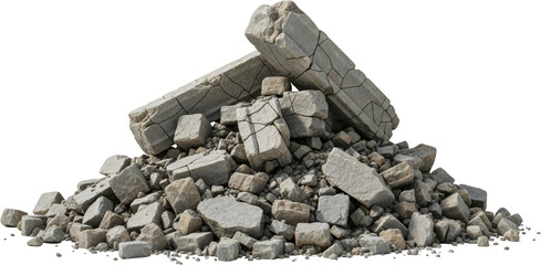 Pile of large cracked gray stones and rubble isolate broken debris construction