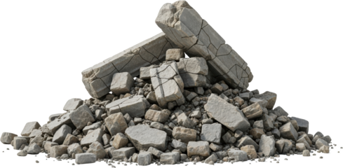 Pile of large cracked gray stones and rubble isolate broken debris construction