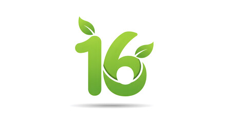 Green Number Sixteen with Leaves Isolated on White Background