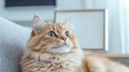 Adorable orange cat with fluffy fur sitting on a couch near a window and abstract art decor