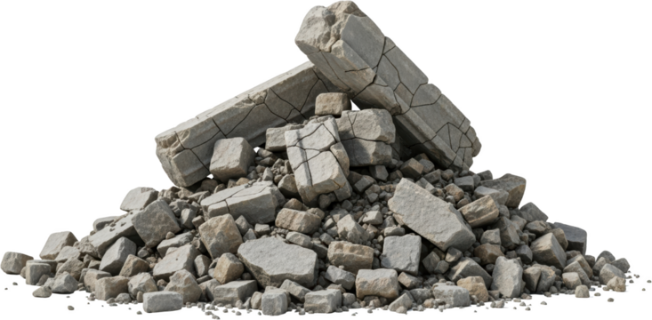 Pile of large cracked gray stones and rubble isolate broken debris construction