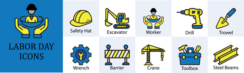 Labor Day Icons Set with Tools, Equipment, and Worker Symbols