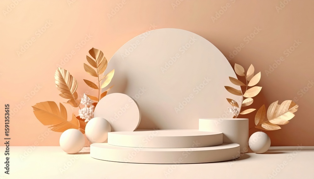 Poster elegant minimalist display with geometric shapes and golden foliage studio setting still life soft l