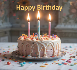 Happy Birthday card, Birthday cake. Sweet cream pie with candle