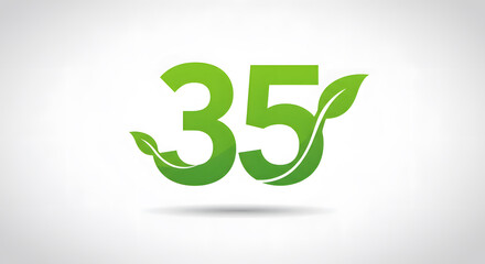 Green Number Thirty Five with Leaves on Light Background