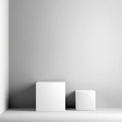 Two white cubes on a light gray floor, against a light gray wall