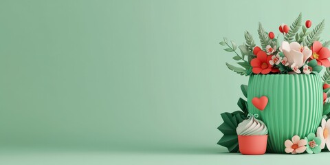 Vibrant flower arrangement in a stylish green vase with cupcake.