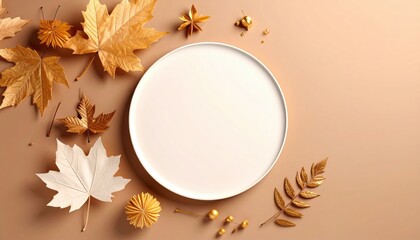 Autumn leaves arrangement on a white plate indoor still life photography warm tones aesthetic concept