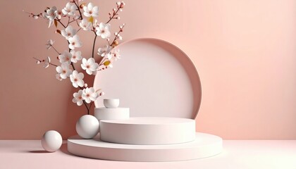 Elegant floral display on minimalist platform soft pink background still life arrangement studio environment close-up view aesthetic concept