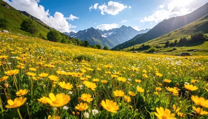 Sunny meadow with wildflowers and mountains