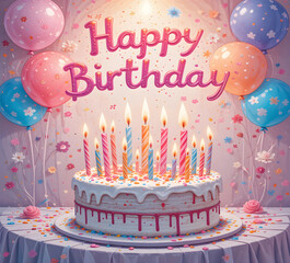 Happy Birthday card, Birthday cake. Sweet cream pie with candle