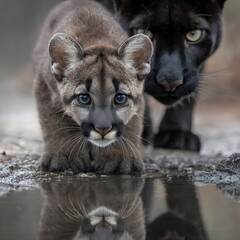 Naklejka premium Cougar Cub and Black Panther Reflection