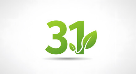 Green Number Thirty-one with Leaves on White Background