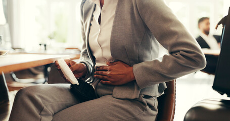 Business woman, pain or stomach ache with hands, ibs problem or food poisoning with travel...