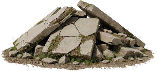 Pile of weathered stone debris with moss and grass rocks rubble transparent background transparent background