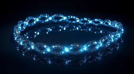 Glowing blue circular chain reflecting on dark surface.