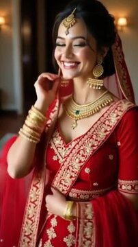 A smiling Indian bride wearing a richly embroidered red bridal lehenga, posing gracefully in a well-lit indoor setting with traditional decor. Her jewelry sparkles. Shot in Vertical 9:16 layout format