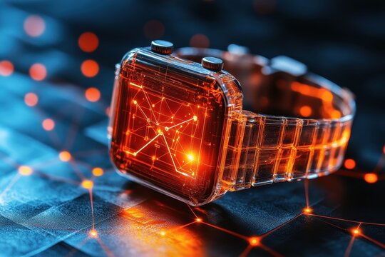 Transparent futuristic watch with glowing digital display.