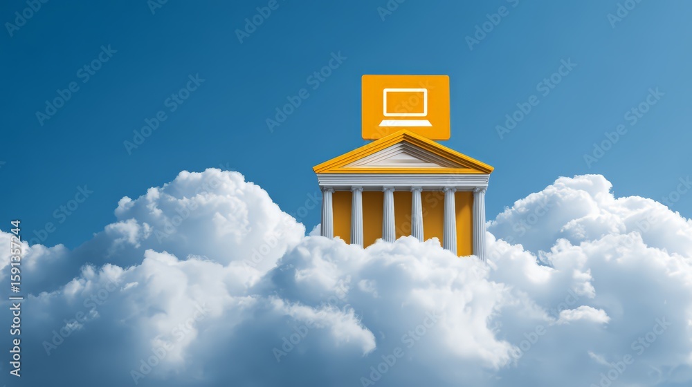 Poster a digital structure in clouds symbolizing the fusion of technology and architecture.