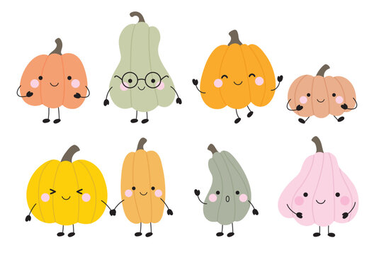 Cute Pumpkin Characters with faces, arms, and legs vector illustration clip art. Set of adorable Thanksgiving pastel pumpkin stick figure cartoon.