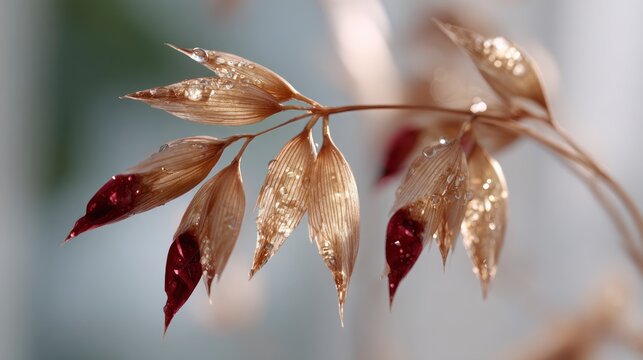 Close up of dry oat plant grains with water droplets and red tips dew nature