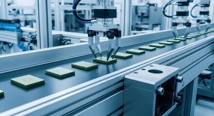 Fototapeta premium Conveyor belt and printing press machinery inside an industrial factory setting