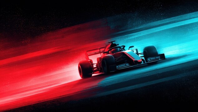 High-speed Race Car Driving on Night Track with Vibrant Red and Blue Light Trails