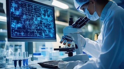Scientist examining samples under a microscope in a laboratory with computer display nearby
