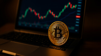Bitcoin coin standing on laptop keyboard with blurred trading chart on screen; Bitcoin coin emphasizes cryptocurrency market as Bitcoin reflects digital finance investment and trading concept