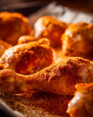 Close-up of raw chicken drumsticks covered in a vibrant spice blend featuring paprika and herbs, placed on parchment paper with rich texture and warm kitchen light enhancing culinary detail