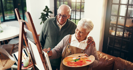 Smile, senior couple and painting on canvas for art, drawing sketch and bonding together. Above,...
