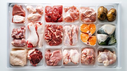 Assortment of raw meat and fish in individual plastic containers, neatly arranged in a tray.