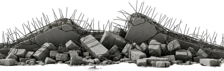 Pile of broken concrete rubble and exposed rebar from demolition or destruction isolate