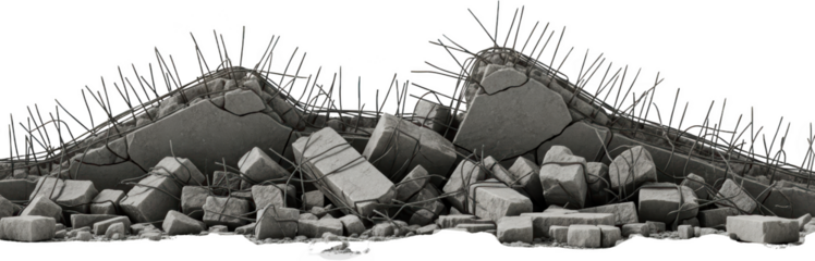 Pile of broken concrete rubble and exposed rebar from demolition or destruction isolate