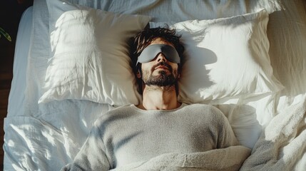 Man sleeping soundly in bed wearing a sleep mask, sunlight streaming through window.
