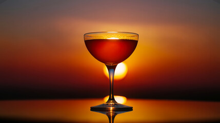 Elegant cocktail glass placed in front of setting sun with sunset colors reflected in the drink; cocktail glows with warm orange light as cocktail scene captures a dreamy dusk concept
