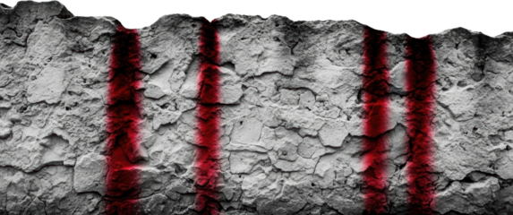 Textured grey stone wall with vertical red spray paint stripes rock concrete transparent background