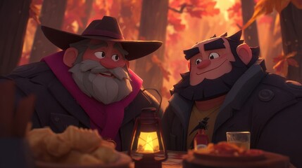 Two friends enjoy food and conversation in a cozy forest setting.