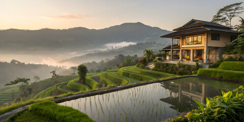Rice terraces villa bali indonesia travel destination luxury resort nature landscape vacation getaway scenic view