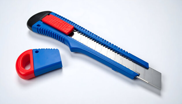 Blue and Red Plastic Utility Knife with Metal Blade on White Background