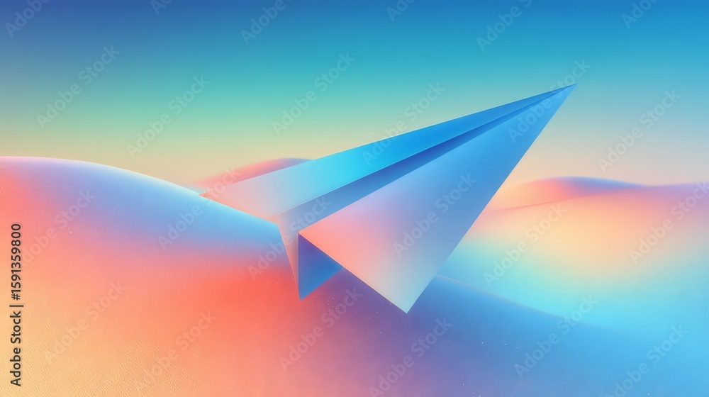 Poster a minimalistic paper airplane soaring over colorful abstract waves.