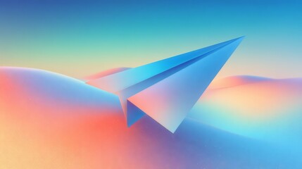 A minimalistic paper airplane soaring over colorful abstract waves.