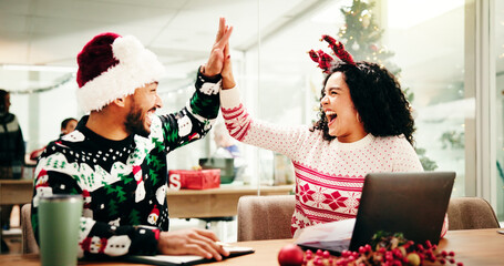 Christmas, business people and team high five for celebration, excited or financial success. Xmas,...