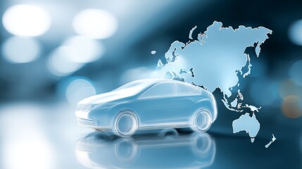 A modern car illustration with a world map, representing global transportation concepts.